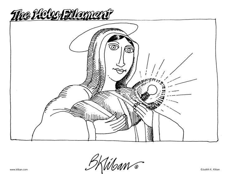 A black-and-white line drawing shows a stylized religious figure, resembling the Virgin Mary with a halo, holding a glowing…