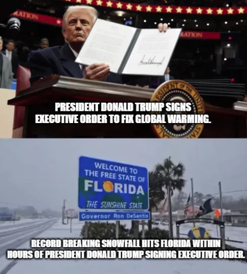 The image is a two-panel meme. The top panel shows Donald Trump holding a signed document at a podium with the Presidential…
