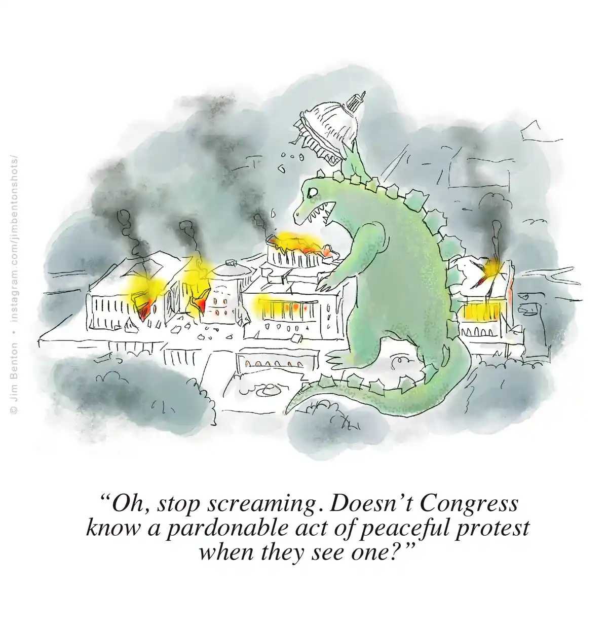 A cartoon depicts a green dragon with a U.S. Capitol dome on its back, destroying buildings while fire and smoke billow…