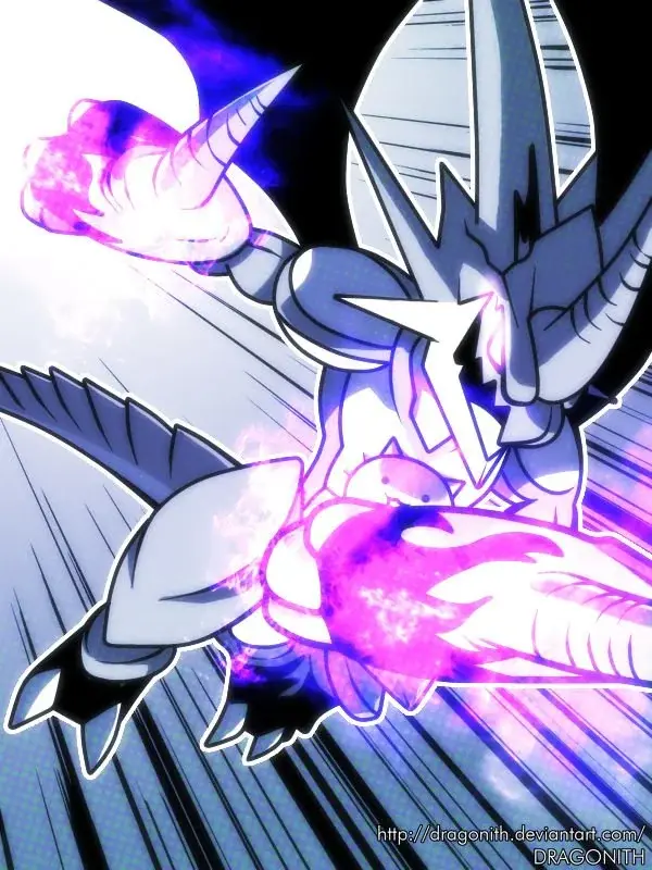 A stylized anime dragon with silver-blue scales and glowing purple energy in its claws and mouth, depicted mid-action with…