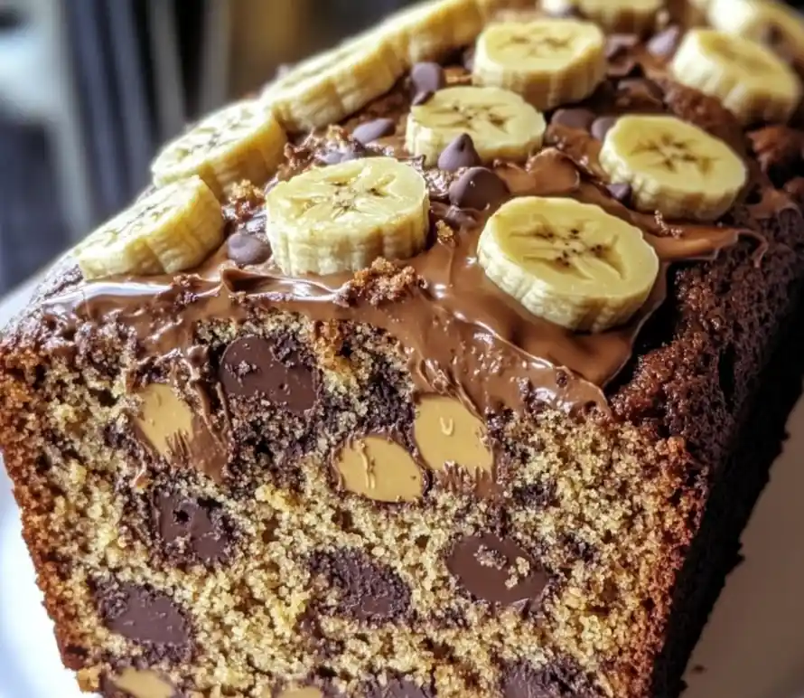 A close-up photo of a moist, golden-brown loaf cake with visible chocolate chips and peanut butter chips inside. The top is…