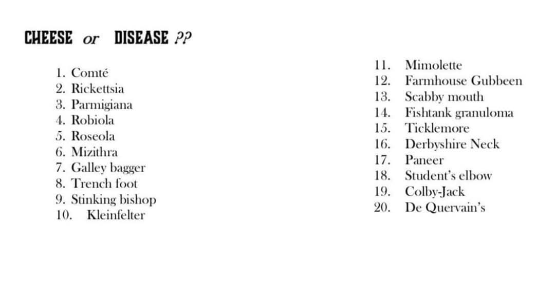 A black-and-white image displays a numbered list of 20 items, some being types of cheese and others medical conditions…