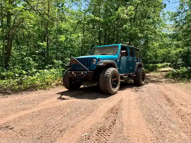 A blue Jeep Wrangler with large off-road tires is parked on a dirt trail in a dense green forest. The vehicle is angled…