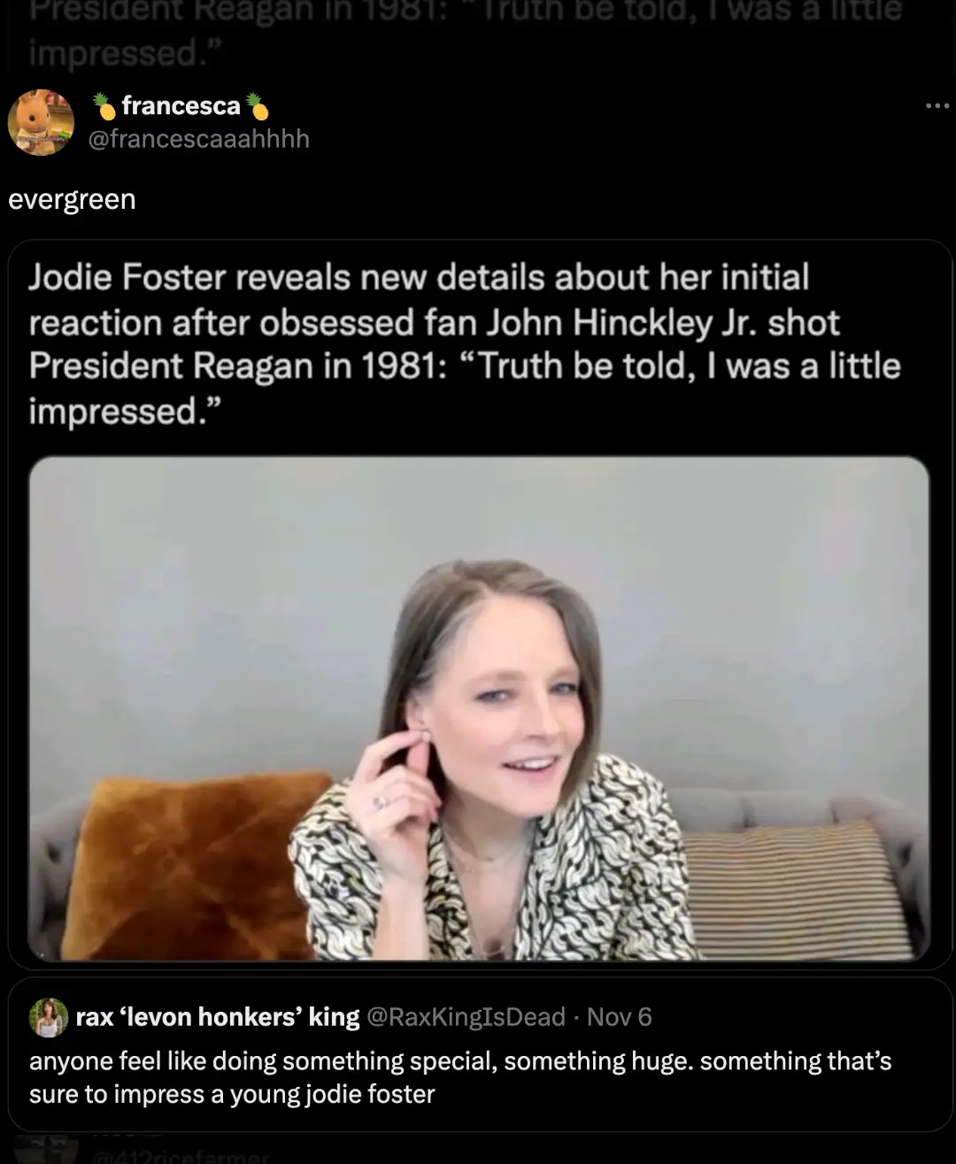A screenshot of a social media post showing Jodie Foster smiling while seated on a couch, with overlaid text quoting her…