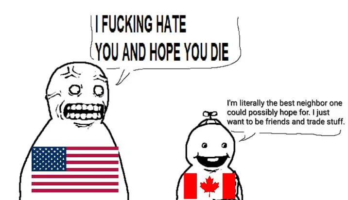 A cartoon image shows two stick-figure-like characters. The larger one on the left has an American flag on its chest and a…