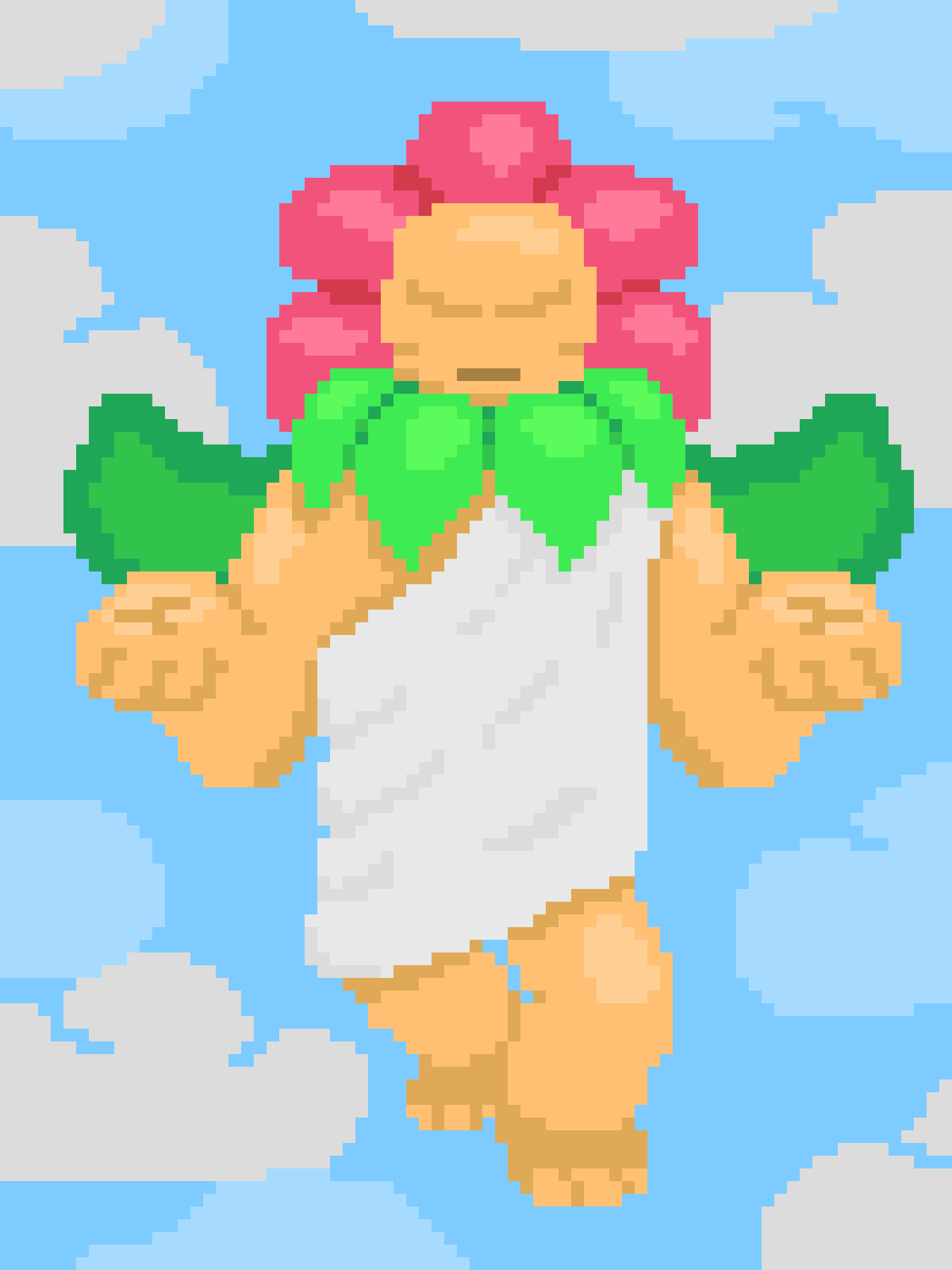 A pixelated, 8-bit style image shows a character with pink hair, green shirt, and white pants floating in a blue sky with…