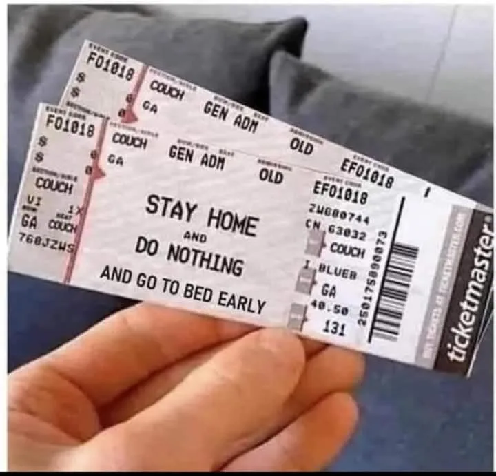 A hand holds three Ticketmaster event tickets, which have been humorously altered to read 'STAY HOME AND DO NOTHING AND GO…