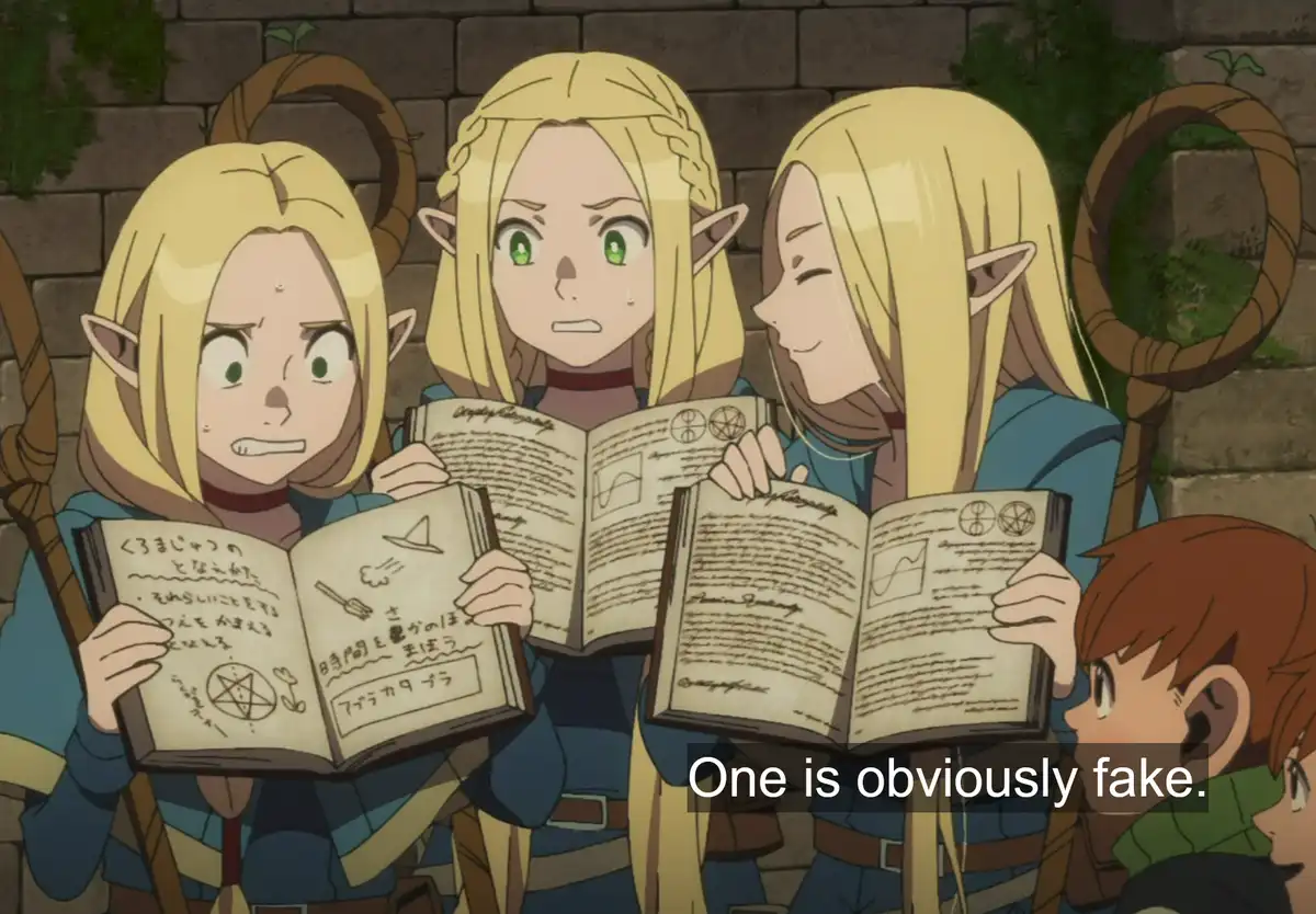 Three identical-looking blonde elf girls in blue outfits hold open spellbooks, each with different handwritten content; the…