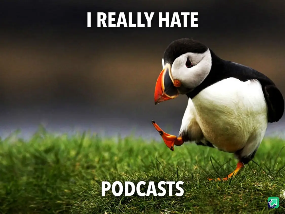 A puffin stands on green grass with one foot lifted, looking annoyed. White bold text at the top reads 'I REALLY HATE' and…