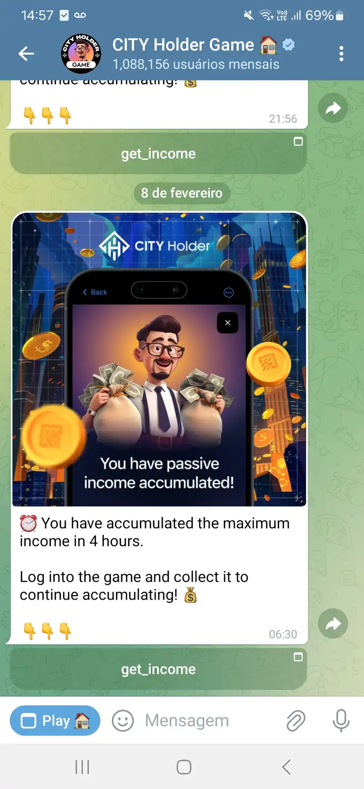 A screenshot of a WhatsApp chat showing a notification from the 'CITY Holder Game' app. The notification displays a graphic…