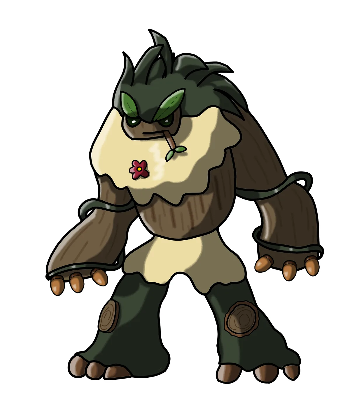 A cartoonish, bipedal creature resembling a tree with bark-like skin, leafy hair, and acorn-like toes, has a small red…