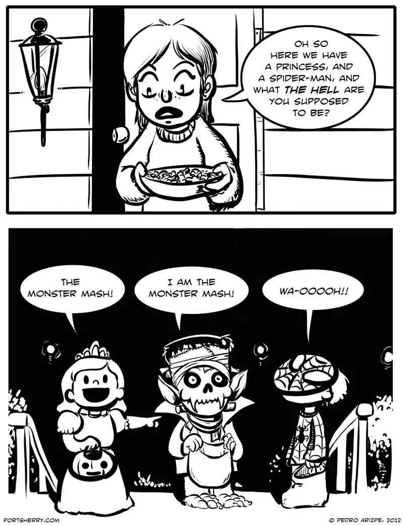 A black-and-white comic strip shows a person holding a bowl of food and asking what a costumed character is supposed to be…
