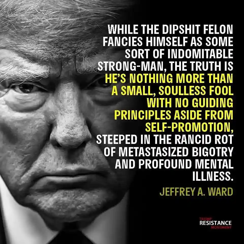 A black-and-white close-up photo of Donald Trump's face with a stern expression, overlaid with a long, critical quote in…