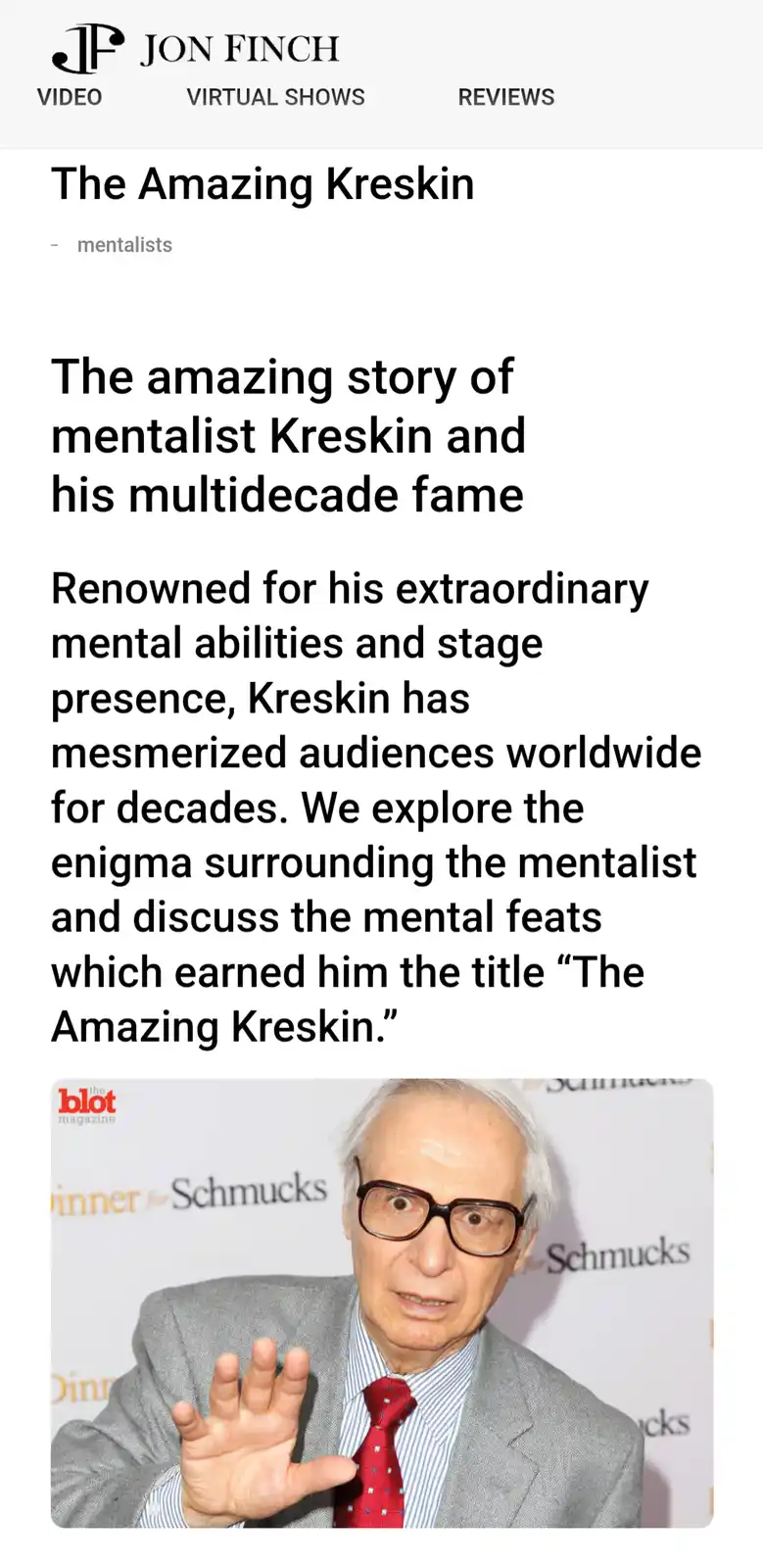 A screenshot of a Jon Finch article titled 'The Amazing Kreskin' features a photo of the mentalist with wide eyes and an…