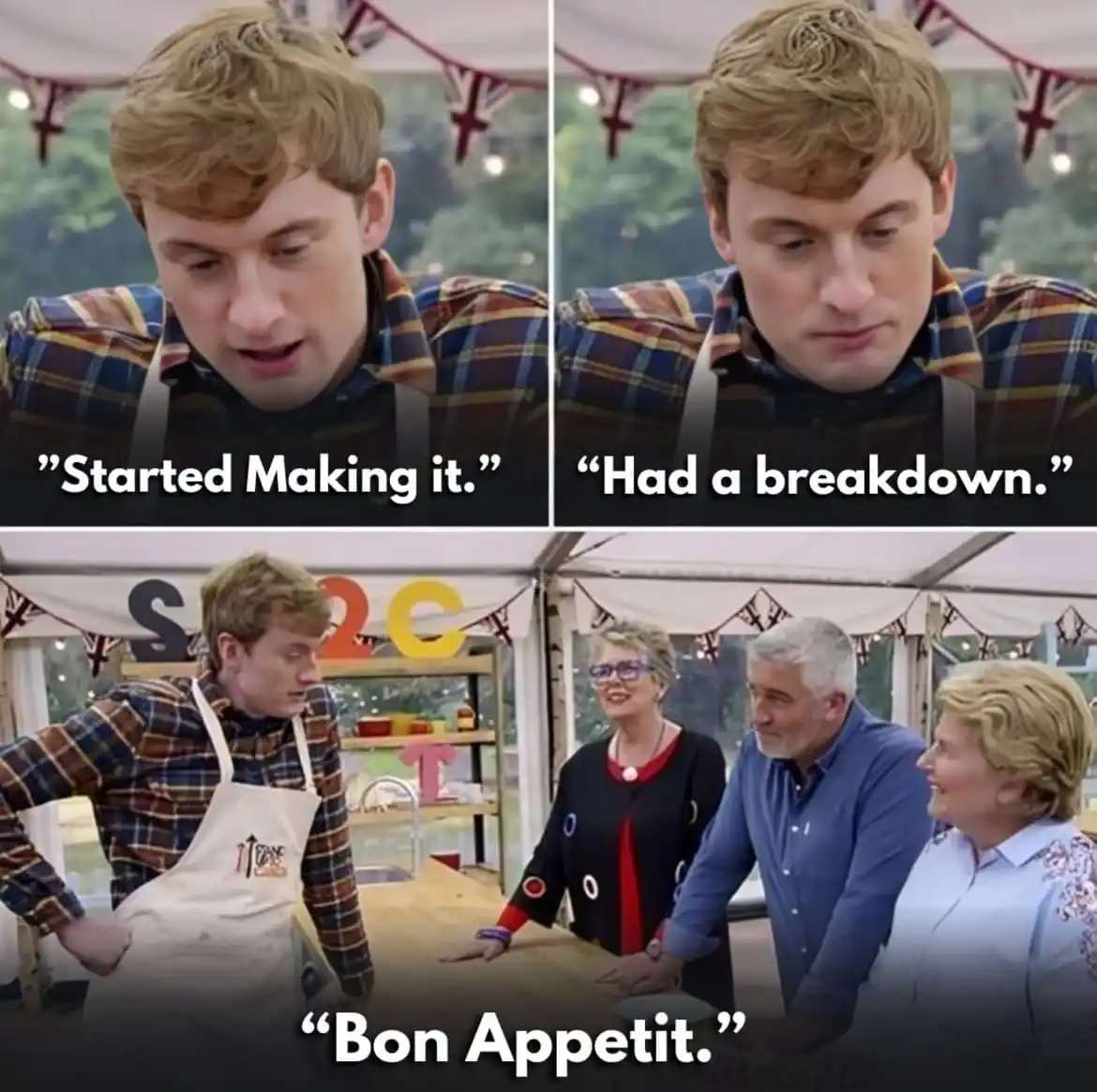 A three-panel meme from a cooking show featuring a young man in a plaid shirt and apron. The top panels show him looking…