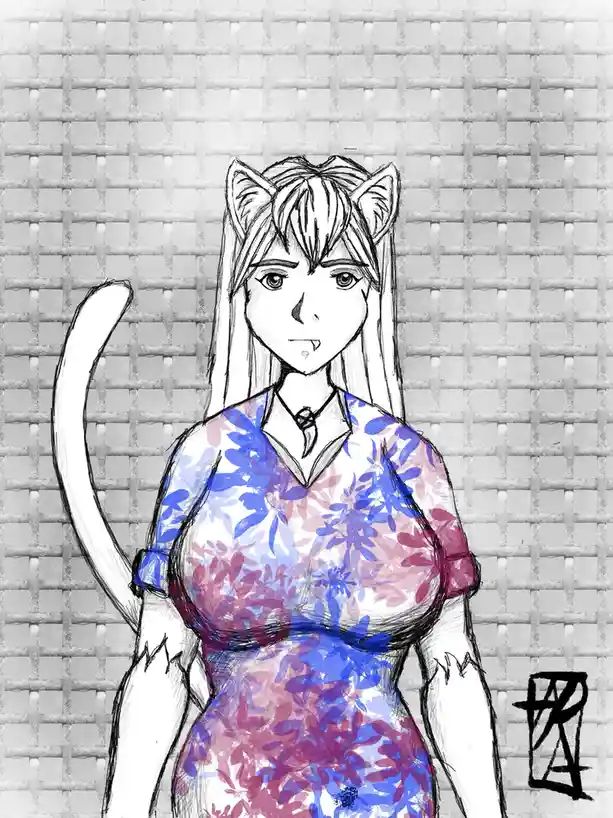 A hand-drawn anime-style illustration of a female character with cat ears and a long tail, wearing a floral dress against a…