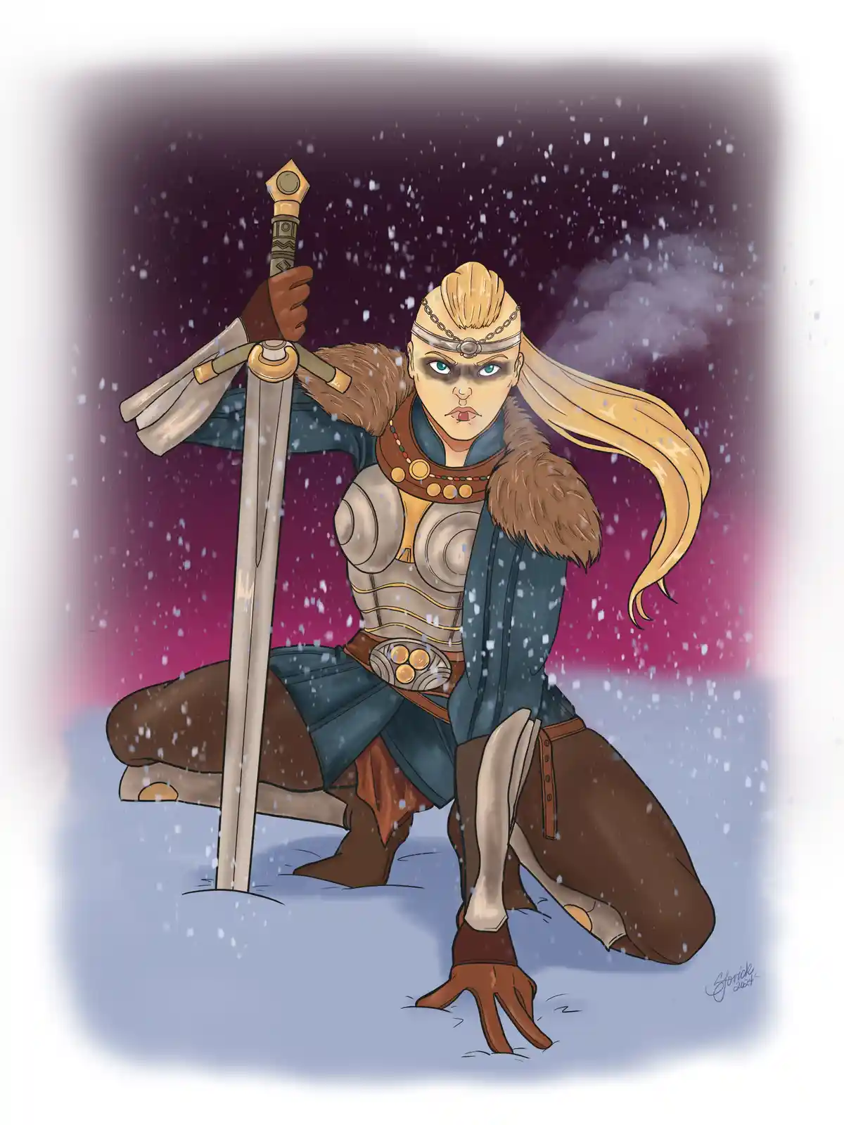 A female warrior with blonde hair and armor kneels in snow, holding a large sword upright in the ground. She has a…