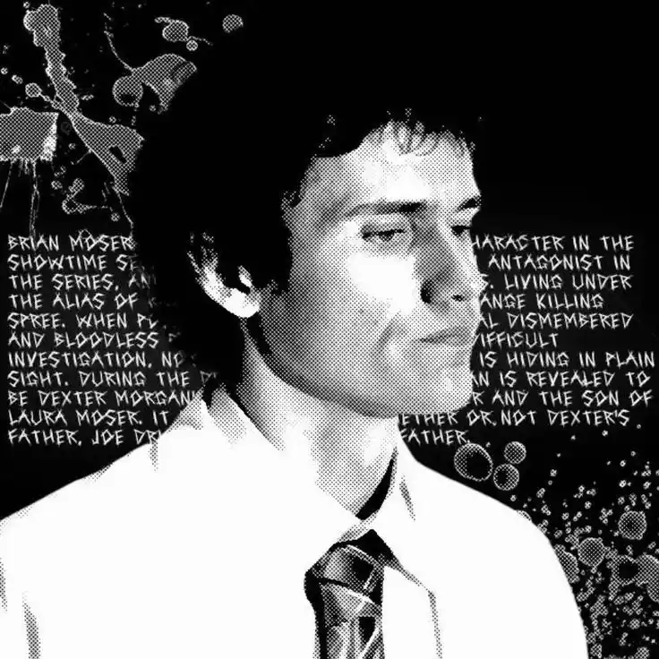 A black-and-white, halftone-filtered image of a man in a white shirt and tie, looking off to the side with a serious…