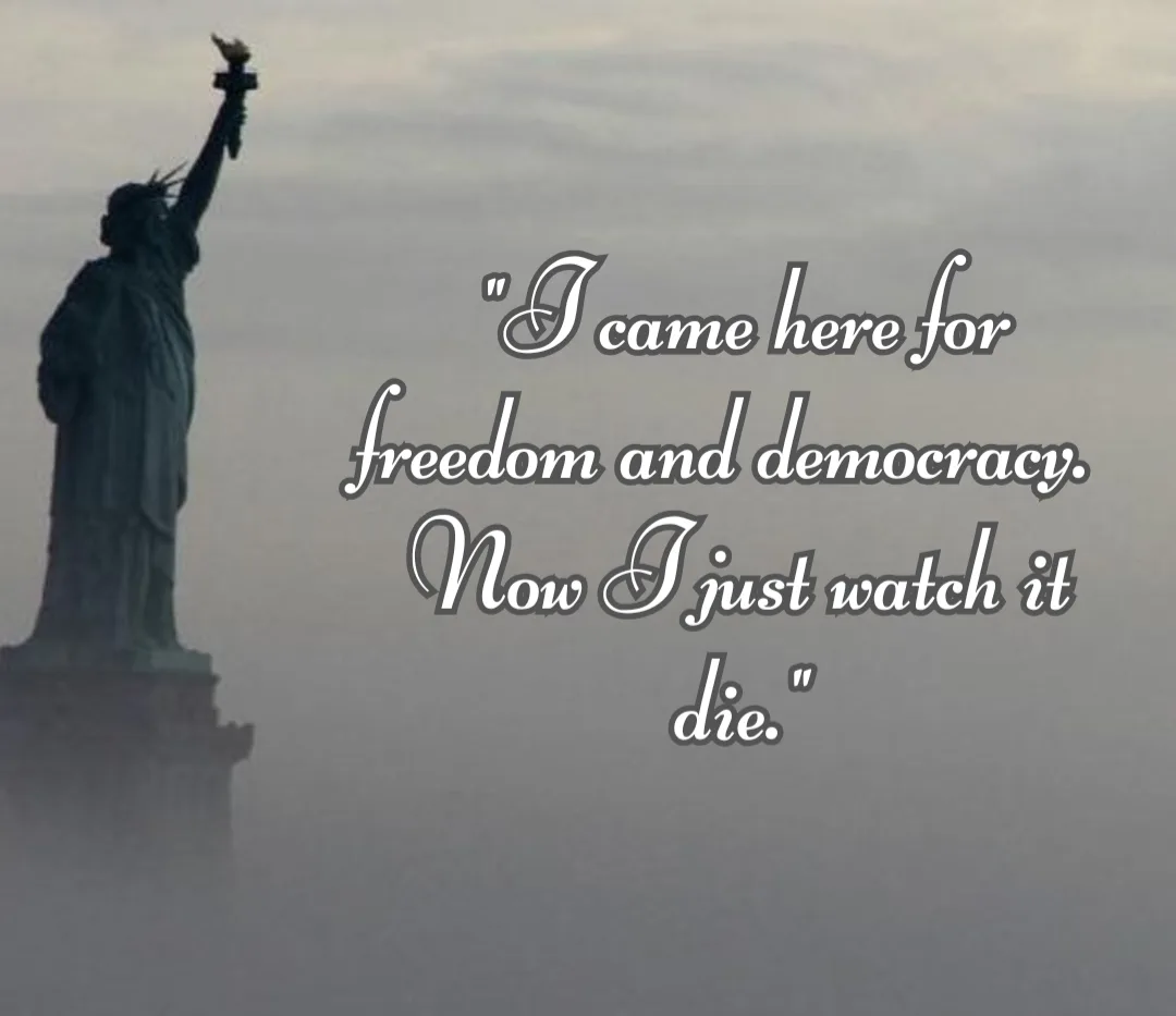 The image shows the Statue of Liberty partially obscured by fog against a gray sky. Overlaid in a white cursive font is the…
