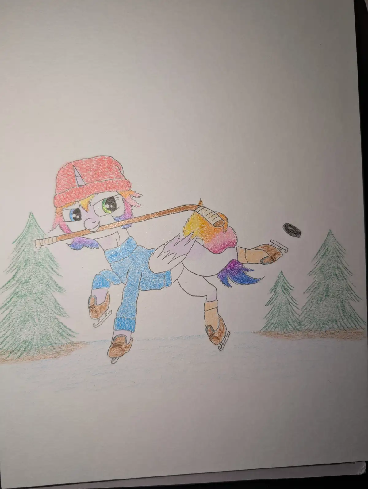 A hand-drawn cartoon pony with rainbow hair and a pink hat is depicted ice skating while holding a hockey stick and hitting…