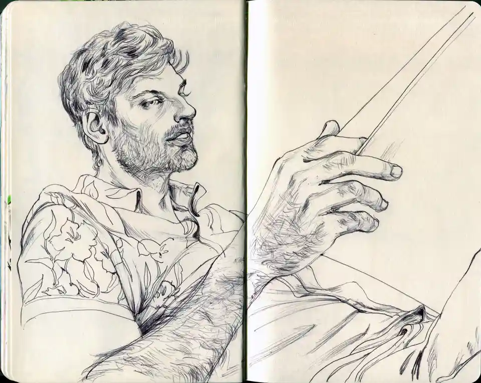 A black-and-white sketch in an open notebook shows a man in profile holding a conductor's baton, with detailed shading on…