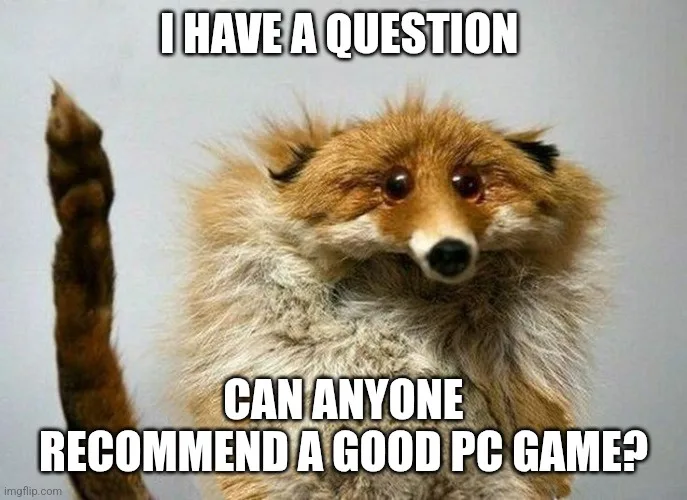 A fluffy red fox with wide, earnest eyes and its right paw raised as if asking a question. White bold text overlaid at the…