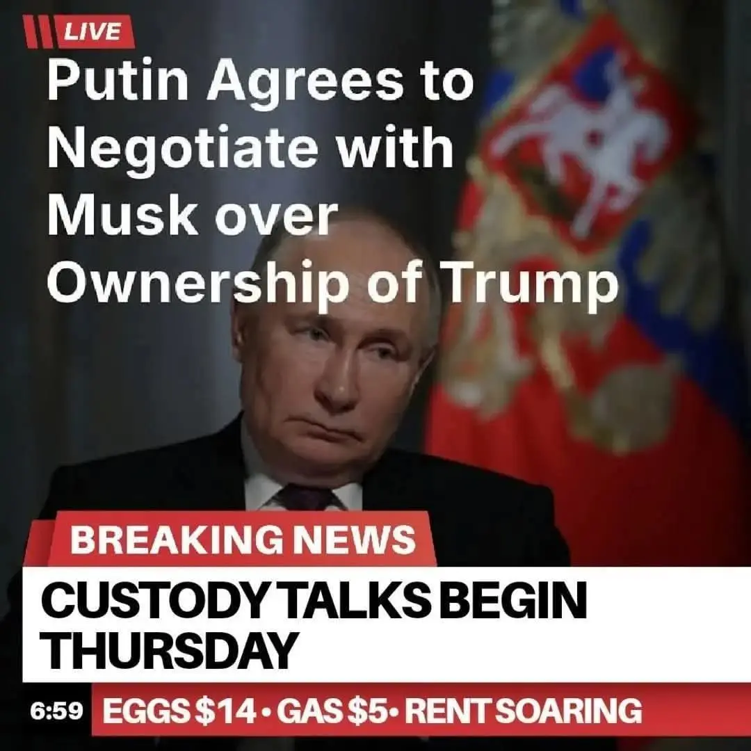 A still image of Vladimir Putin with a serious expression, overlaid with fake news text claiming he agrees to negotiate with…