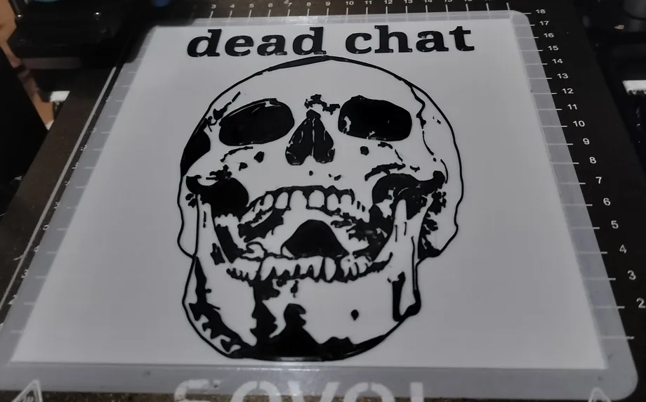 A stencil featuring a black-and-white skull illustration with the text 'dead chat' printed above it, placed on a clear…