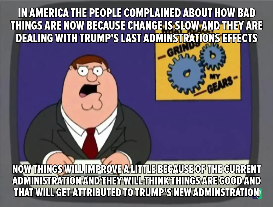 The image shows Peter Griffin from Family Guy, looking shocked while sitting at a desk. Behind him is a poster with two…