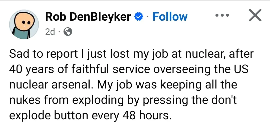 A screenshot of a social media post by Rob DenBleyker, who claims to have lost his job after 40 years overseeing the US…