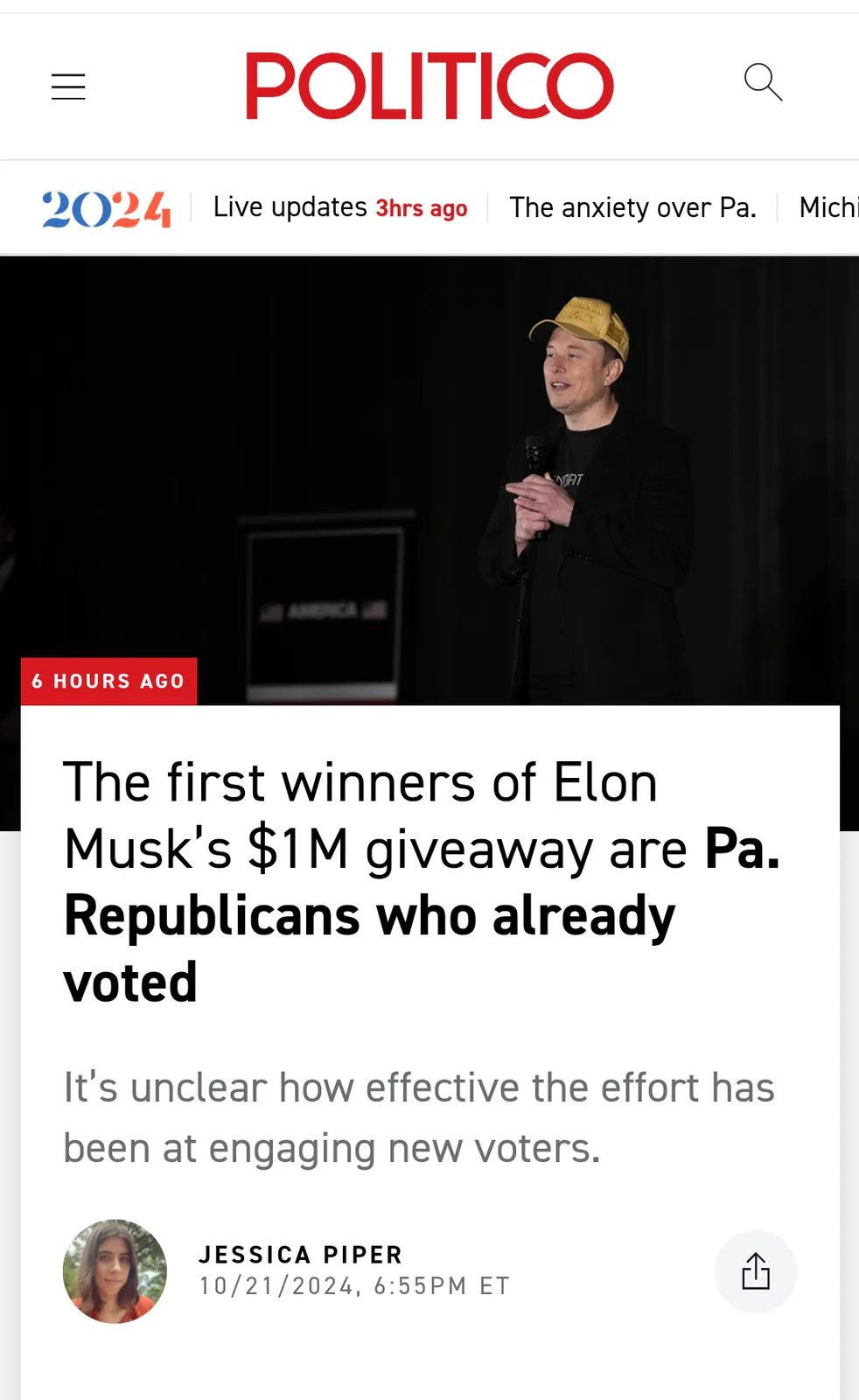 A screenshot of a Politico news article from October 21, 2024, featuring a photo of Elon Musk wearing a yellow cap and…