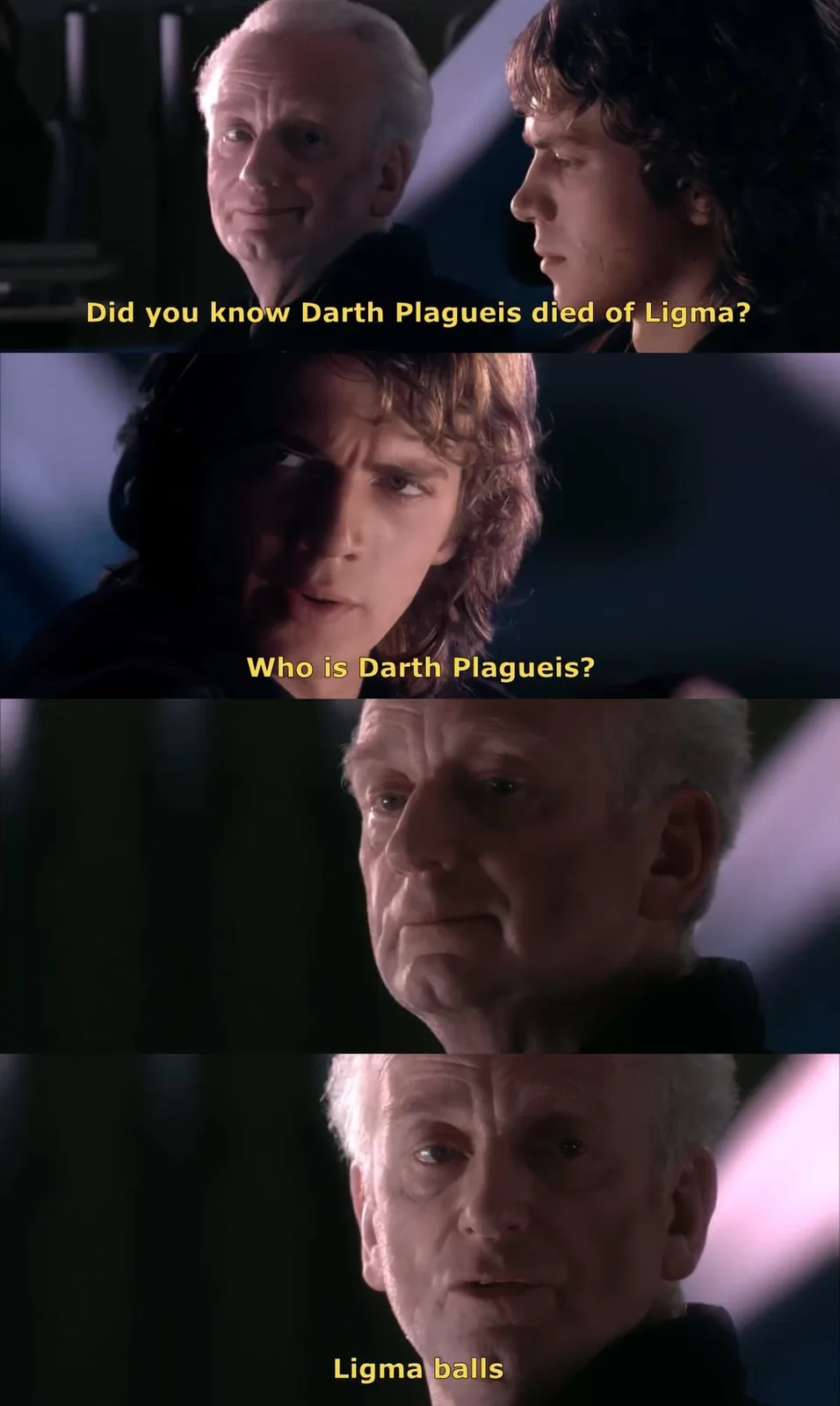 A four-panel meme from Star Wars: Episode III - Revenge of the Sith, showing Palpatine and Anakin Skywalker. In the first…