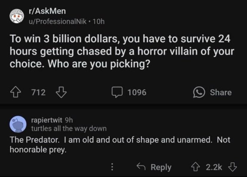 A screenshot of a Reddit post from r/AskMen where a user asks which horror villain they'd pick to survive 24 hours against…
