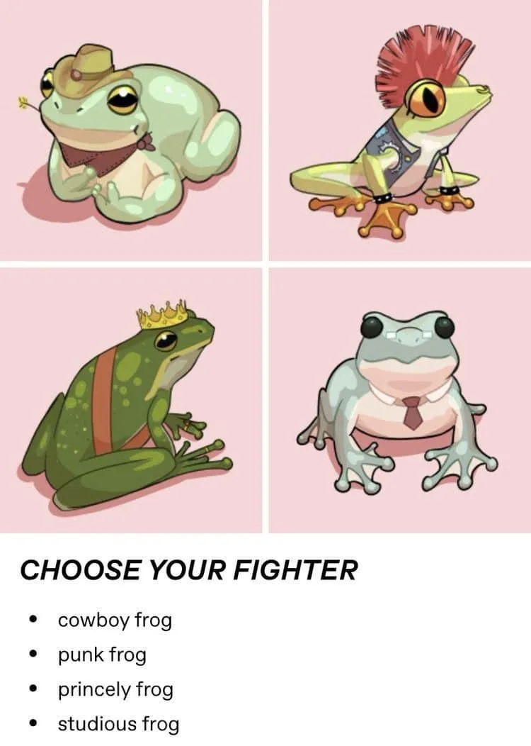 Four cartoon frogs are shown in a 2x2 grid, each dressed in a different human-inspired outfit: one wears a cowboy hat and…
