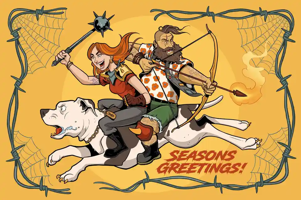 A cartoon illustration shows two armed people riding a panicked dog across a yellow background framed by barbed wire and…