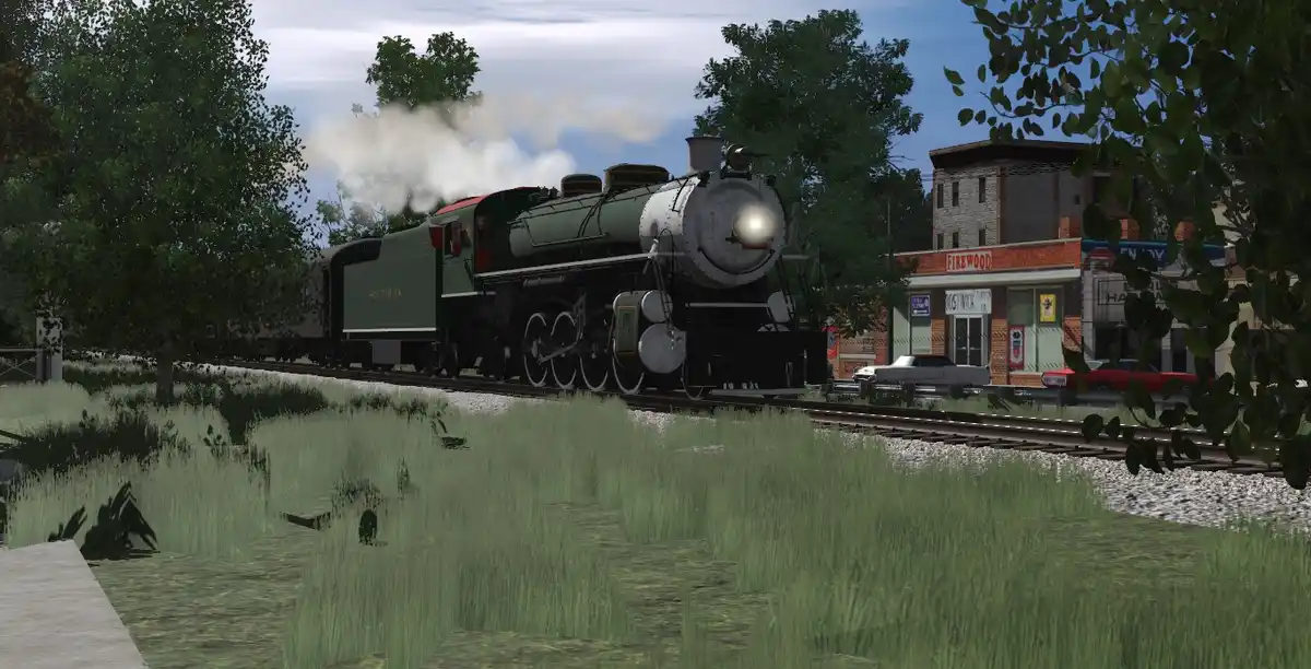 A green steam locomotive with 'SOUTHERN' written on its side is shown approaching a small town with vintage cars and…