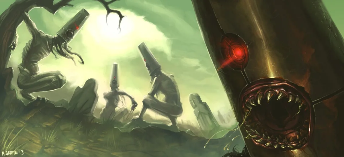 A dark, eerie illustration shows several humanoid figures with cone-shaped heads and red glowing eyes, sitting or crouching…
