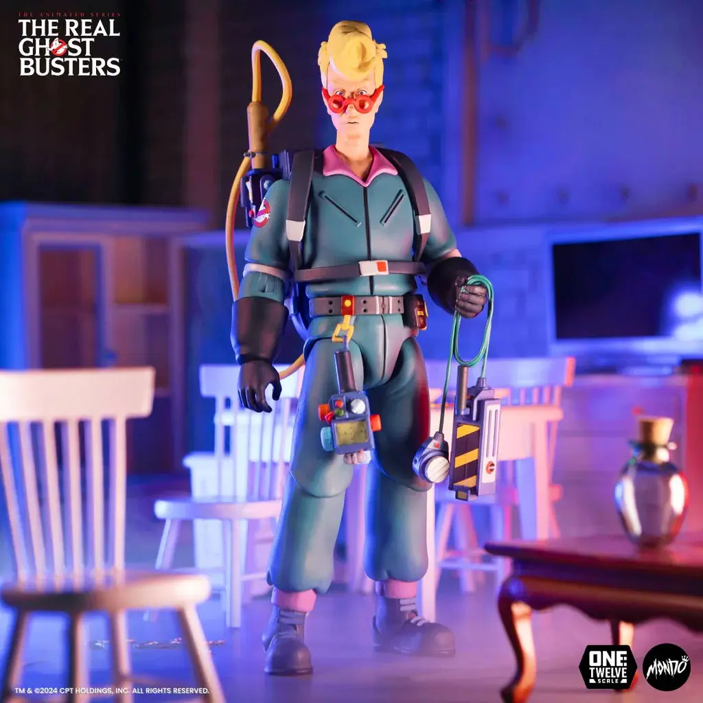 A highly detailed 1/12 scale action figure of a female Ghostbuster from 'The Real Ghostbusters' animated series, standing in…