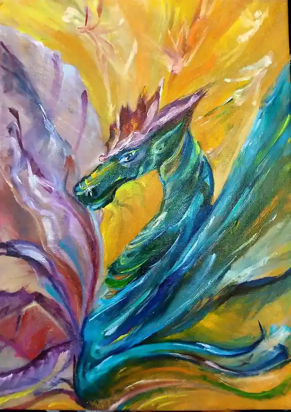 A vibrant, abstract painting depicts a stylized dragon with a blue-green body, purple spines, and a yellow-orange…