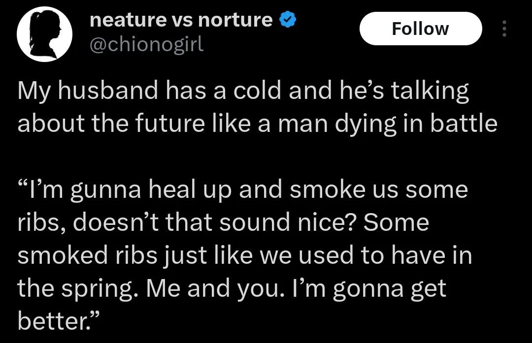 A screenshot of a tweet from 'neature vs norture' (@chionogirl) with a black background and white text. The tweet describes…
