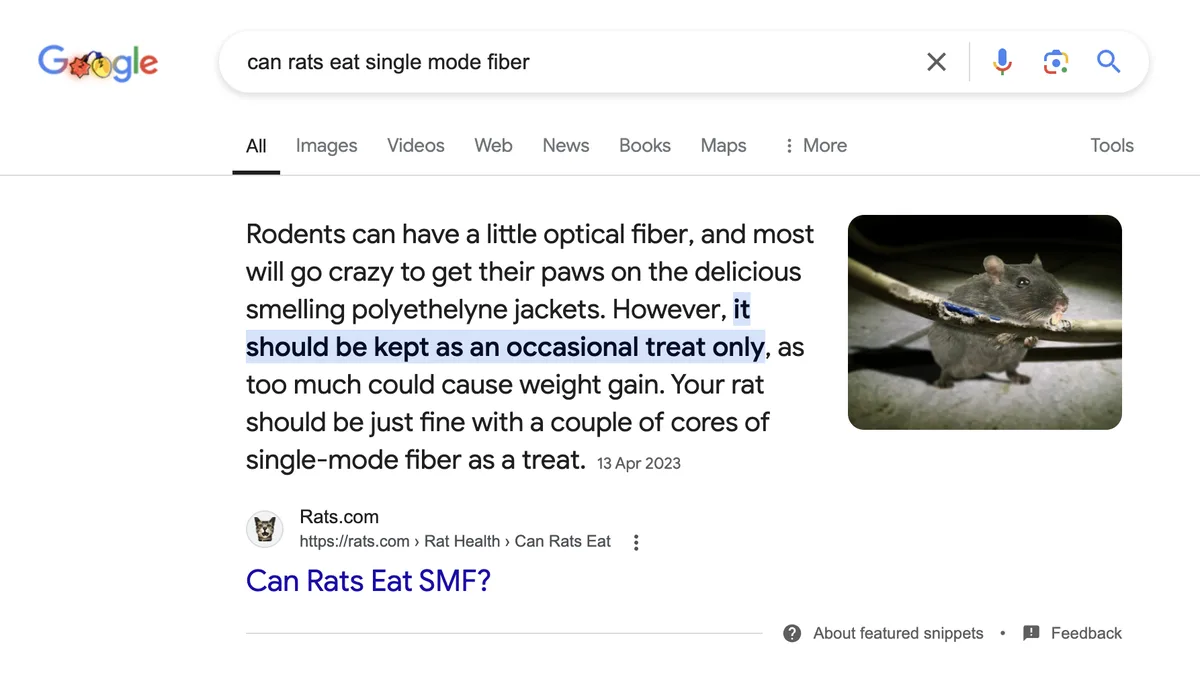 A google search result for 'can rats eat single mode fiber' shows a snippet from Rats.com stating rodents can have optical…