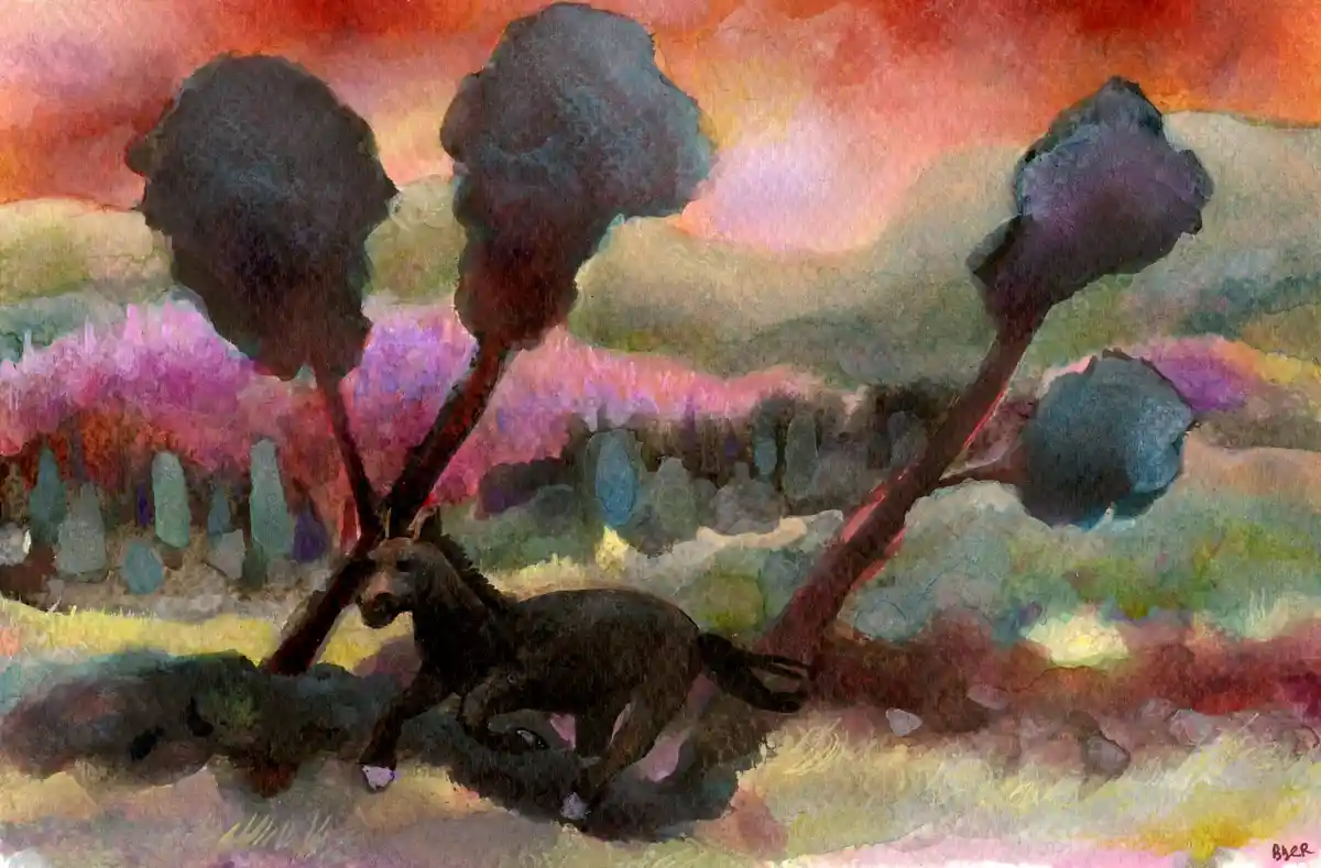 A watercolor painting depicts a dark horse running across a surreal, colorful landscape with rolling hills and a vibrant…