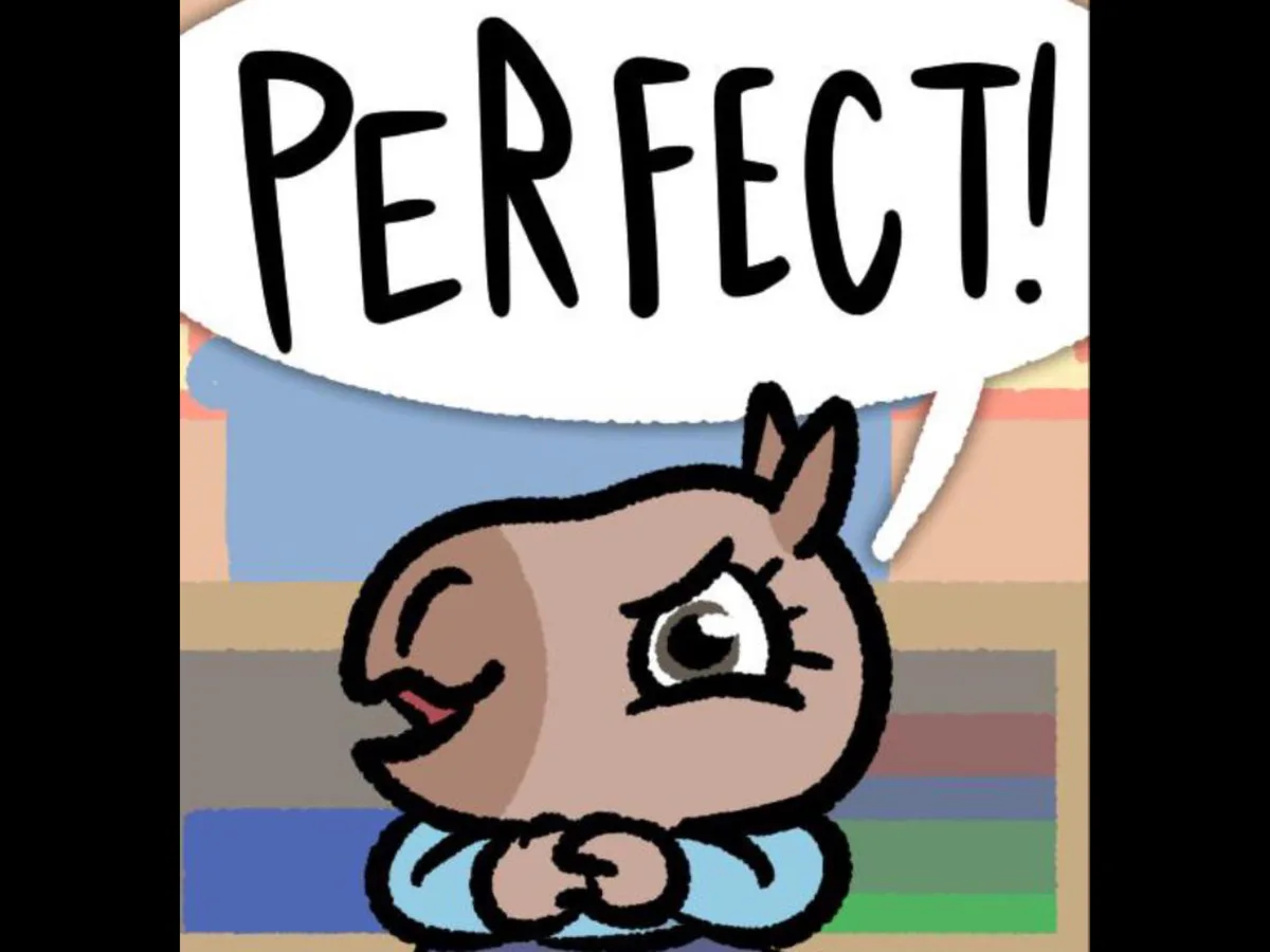 A cartoon baby hippo with one eye closed and a smug smile, wearing a blue onesie, has a speech bubble above its head that…