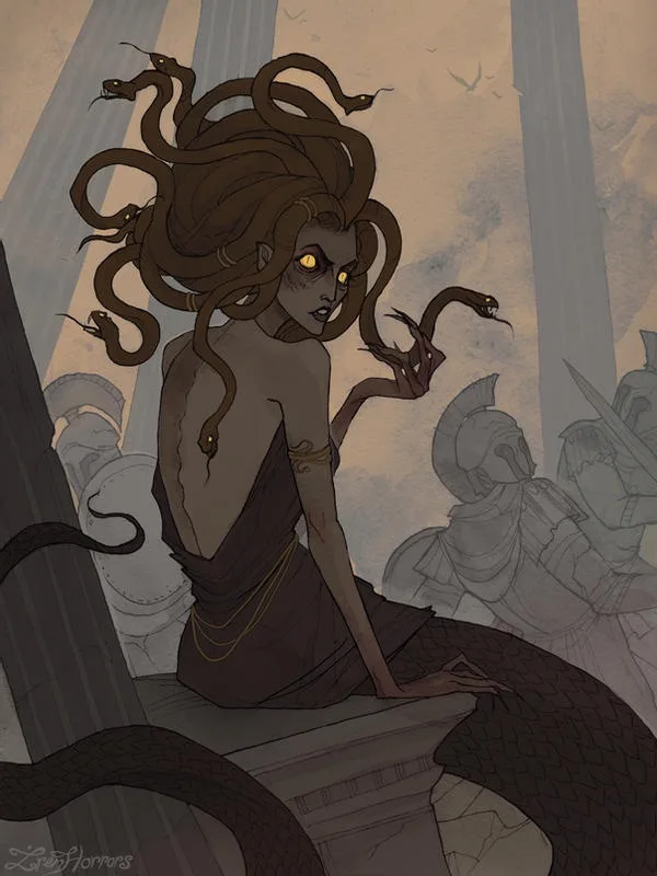 A woman with glowing yellow eyes and snakes growing from her hair and body sits atop a stone pedestal, surrounded by faintly…