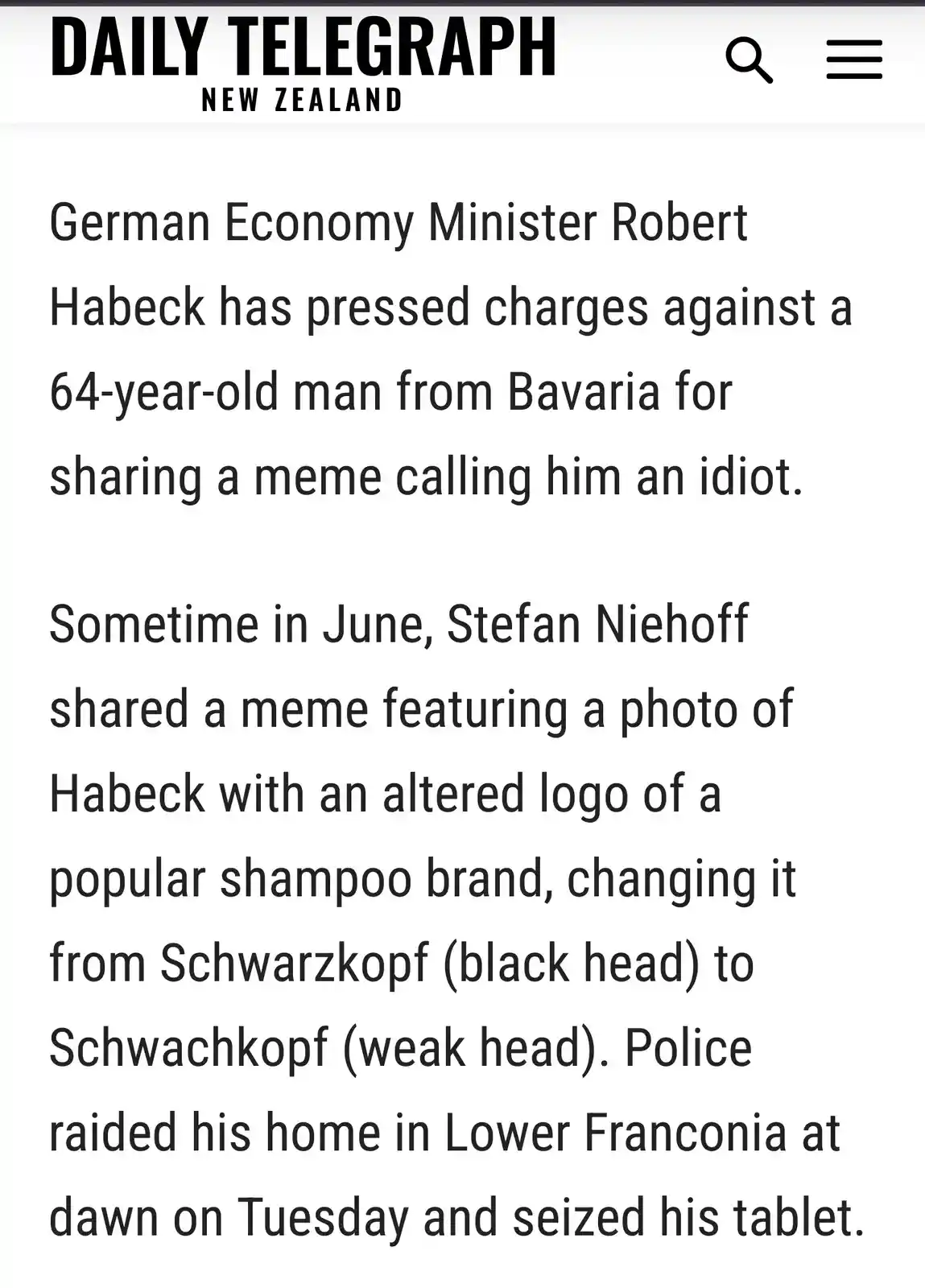 The image displays a screenshot of a Daily Telegraph New Zealand article detailing how German Economy Minister Robert Habeck…