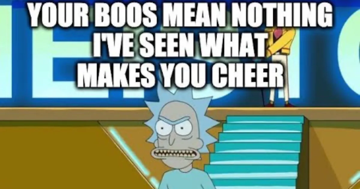 The image shows Rick from the animated series 'Rick and Morty' looking up with a menacing, smug expression from the bottom…