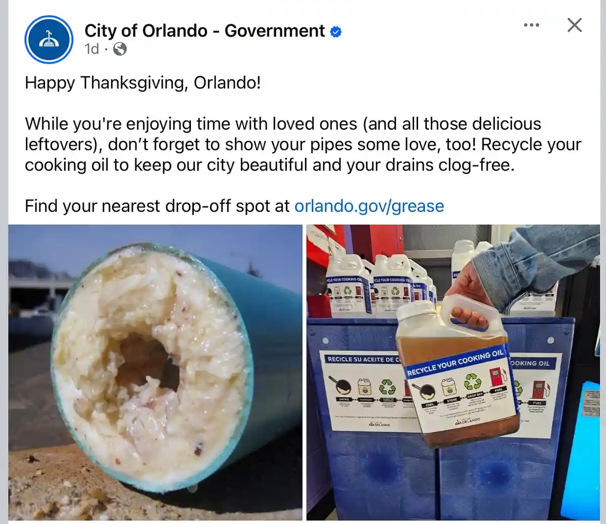 A Facebook post from the City of Orlando Government features two images: one showing a clogged, greasy pipe cross-section…