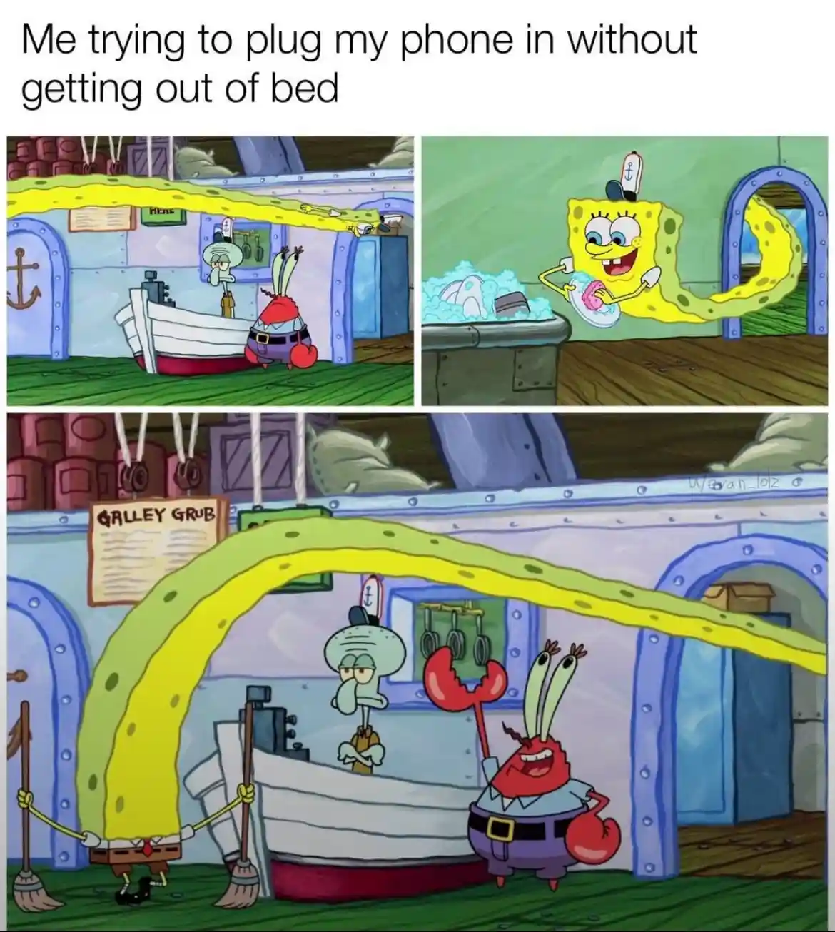 A three-panel SpongeBob SquarePants meme showing SpongeBob stretching his body extremely long to reach a charging cable…