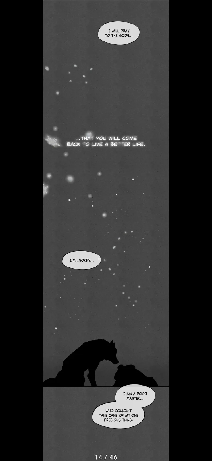 A black-and-white manga panel shows the silhouette of a wolf-like creature kneeling beside a smaller figure under a starry…