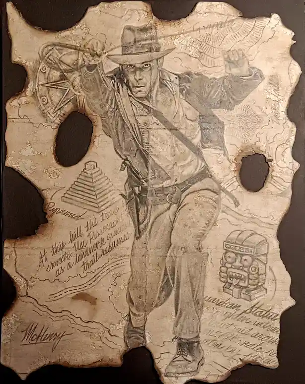 A weathered, torn map features a sketch of Indiana Jones in his iconic fedora and whip, surrounded by illustrations of a…
